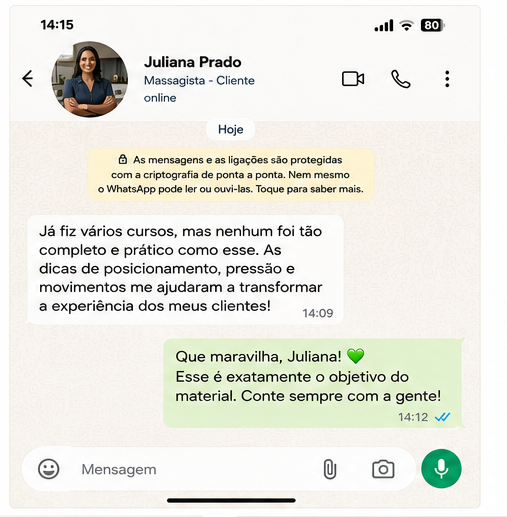 Depoimento Juliana Prado — já fiz vários cursos, mas nenhum foi tão completo e prático como esse. As dicas de posicionamento, pressão e movimentos me ajudaram a transformar a experiência dos meus clientes.