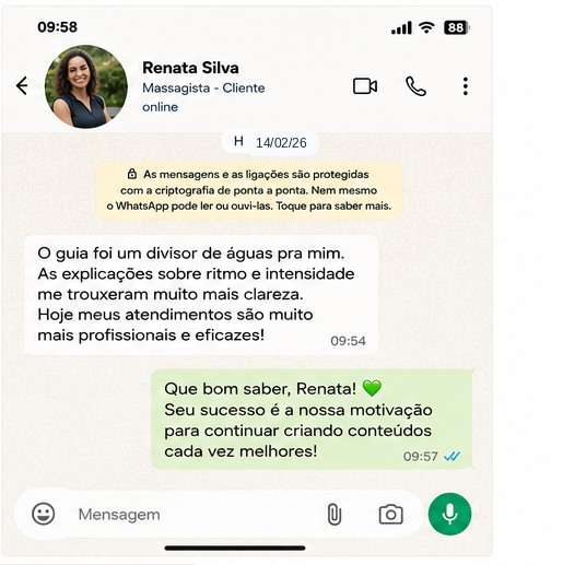 Depoimento Renata Silva — o guia foi um divisor de águas pra mim. As explicações sobre ritmo e intensidade me trouxeram muito mais clareza. Hoje meus atendimentos são muito mais profissionais e eficazes.