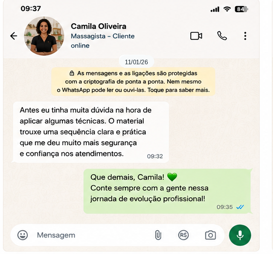Depoimento Camila Oliveira — antes eu tinha muita dúvida na hora de aplicar algumas técnicas. O material trouxe uma sequência clara e prática que me deu muito mais segurança e confiança nos atendimentos.