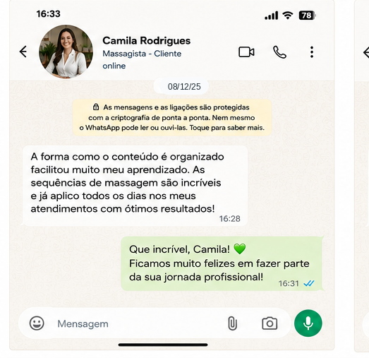 Depoimento Camila Rodrigues — a forma como o conteúdo é organizado facilitou muito meu aprendizado. As sequências de massagem são incríveis e já aplico todos os dias nos meus atendimentos com ótimos resultados.