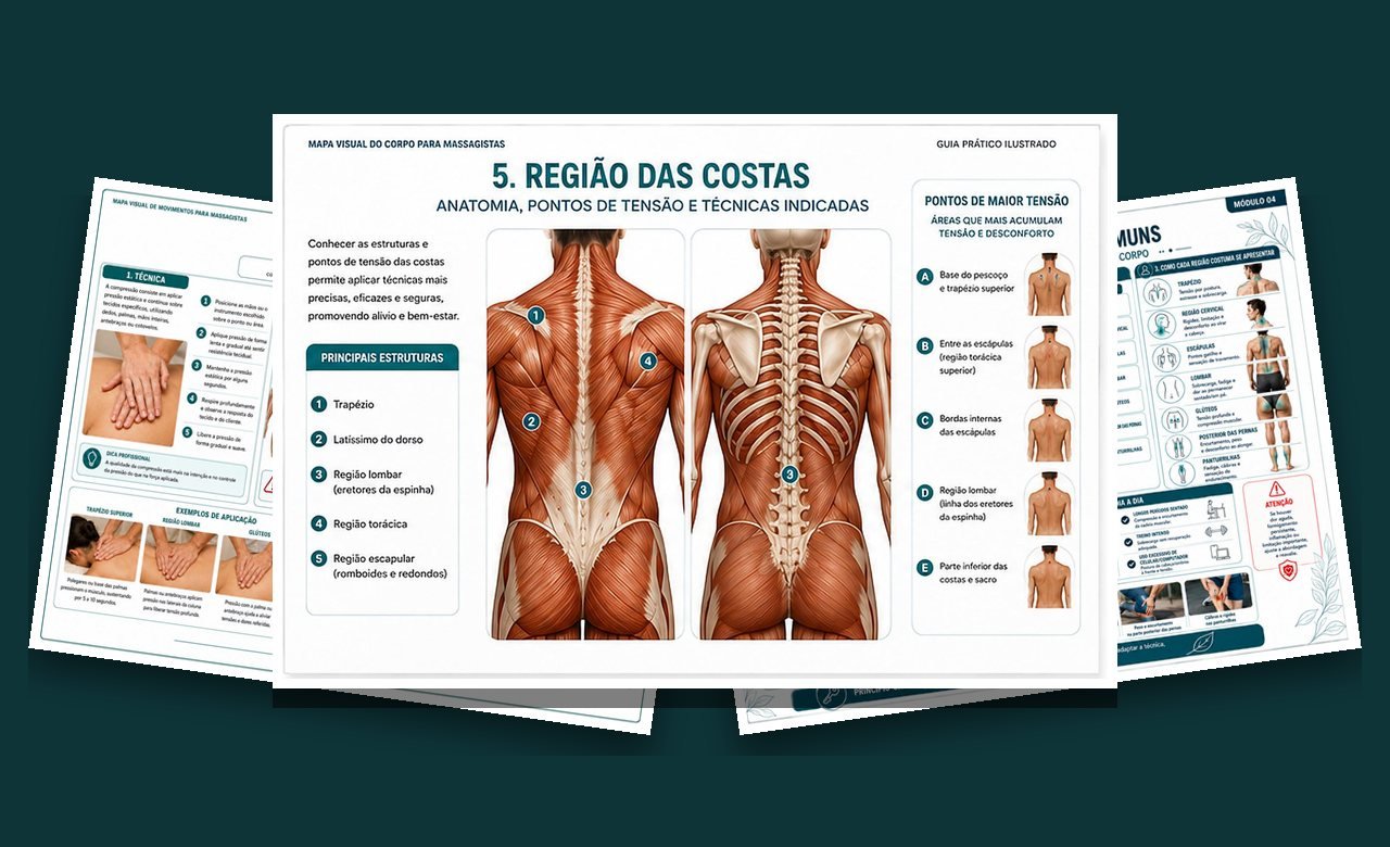 Três páginas do guia abertas lado a lado: região das costas, técnica de compressão e pontos de tensão mais comuns.